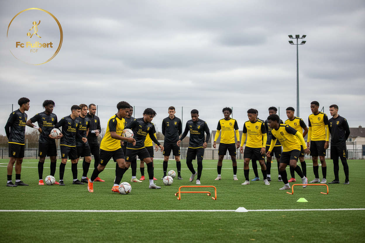 Photo d'équipe du FC Fulbert Chartres, joueurs seniors et jeunes en entraînement